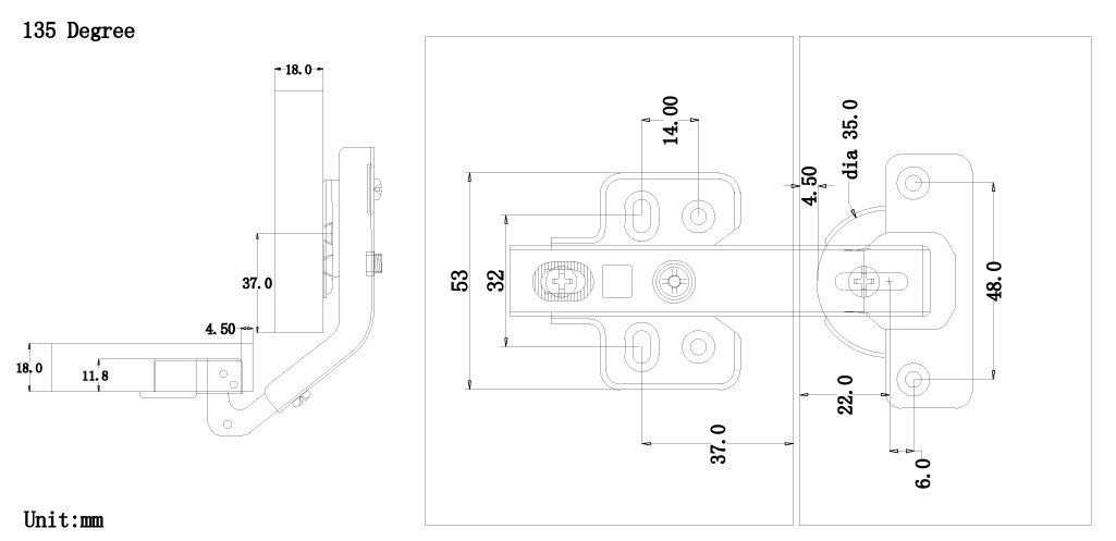 135° Degree Cabinet Hinge Tech Drawing