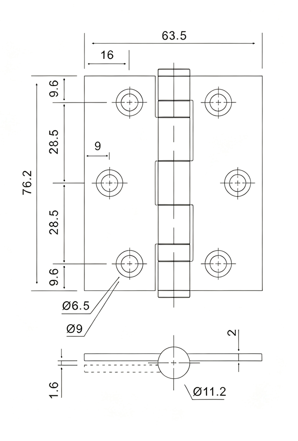 DH-A009 Stainless Steel Hinge Dimension Drawing DH-A009 Stainless Steel Hinge